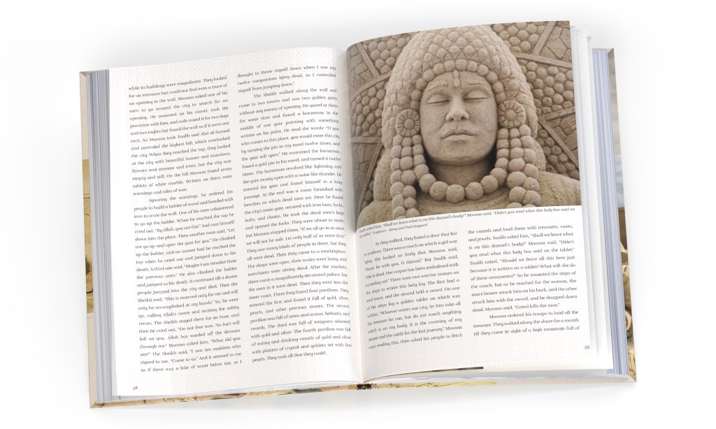 Taalib asked him, “Shall we leave what is on this damsel’s body?” Moosaa said, “Didn’t you read what this lady has said on
the tablet.” Sculptors - Remy and Paul Hoggard